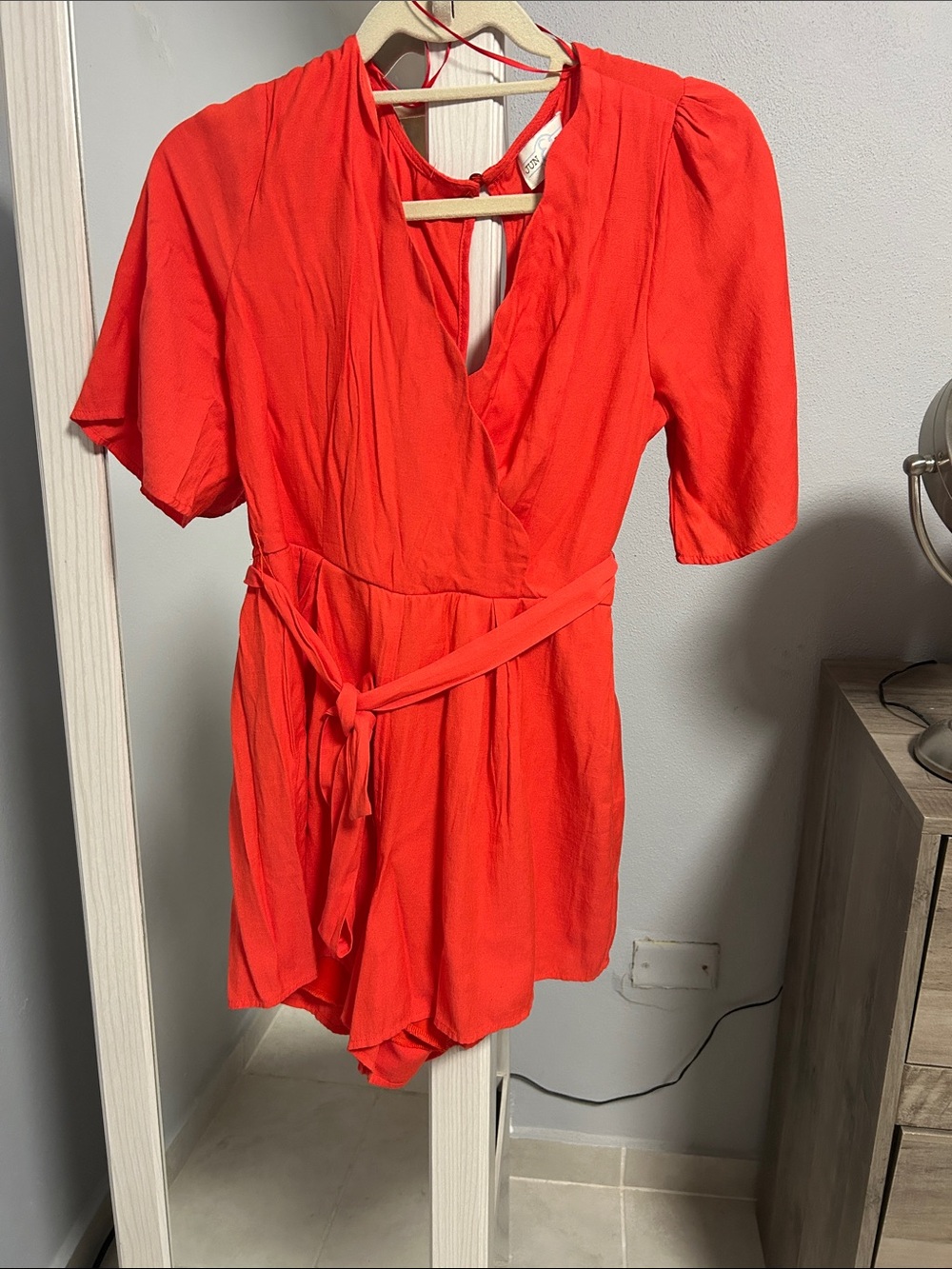 Women's Red Wrap Romper with Self-Tie Waist